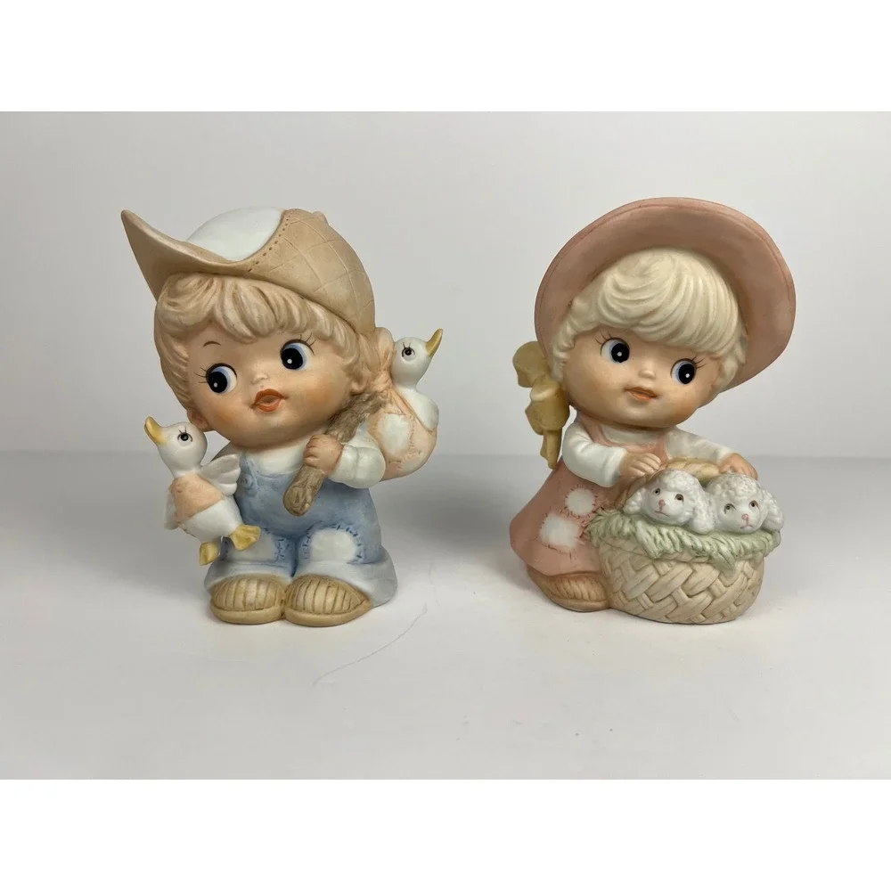 Vintage Homco Boy &‎ Girl Figurines 1418 with Lamb Sheep Ducks